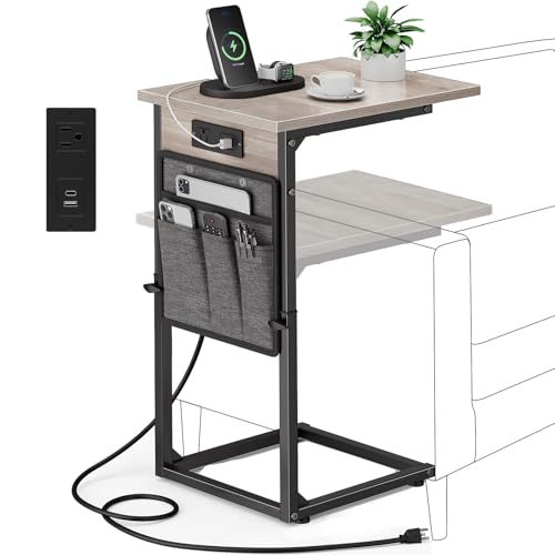 C Shaped End Table with Charging Station, Adjustable Height Side Table for Couch Recliner, Small Sofa Table with Storage Bag, Slide Under Sofa TV Tray Arm Table for Living Room, Bedroom, Gray - color: Greige, style: With Plug