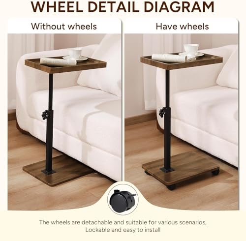 Modern C Shaped Tables Adjustable Height, 360° Swivel Bed End Tables with Wheels, Small Side Table for Couch Living Room (Walnut Color) - color: Walnut