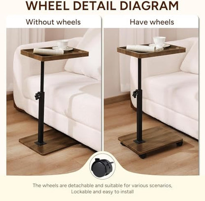 Modern C Shaped Tables Adjustable Height, 360° Swivel Bed End Tables with Wheels, Small Side Table for Couch Living Room (Walnut Color) - color: Walnut