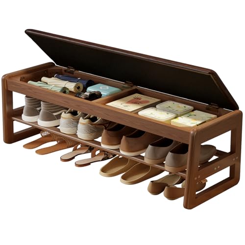 AQIMUELE Shoe Rack Bench,2 Tiers Shoe Bench with Storage with Flip-Top,Wood Shoe Rack for Entryway,Hallway（Dark Walnut Upholstered Seat,11.8" D x 39.3" W x 15.7" H） - color: Dark Walnut Upholstered Seat, size: 11.8"D x 39.3"W x 15.7"H