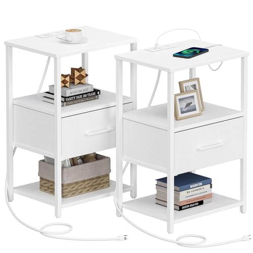 TUTOTAK Nightstand Set of 2, Night Stand with Charging Station, End Table, Bedside Table with Fabric Drawer, Side Table for Livingroom and Bedroom, White TB01BW0692 - color: White, style: Plug