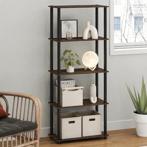 Furinno Turn-N-Tube Toolless Assembly 5-Tier Storage Shelves, Black Book Shelf, Open Storage Bookshelf, for Organization and Storage, Living Room, Home Office, Bedroom, Black Walnut - color: Walnut/Brown