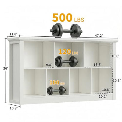 Unikito 7 Cube Storage Book Shelf - 47" Wide Wood Cube Storage Organizer, Wooden 2 Tiers Floor Standing Low Bookcase for Living Room, Bedroom, Home Office, Kids Room, Rustic White