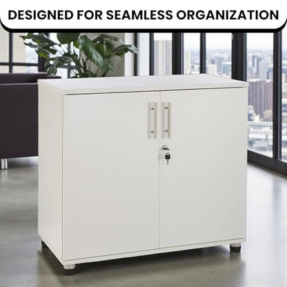 MMT Storage Cupboard, Storage Cabinet, File Cabinet for Office Documents, Garage Tools, Utility, White Wood, Lockable, 31.5" Long