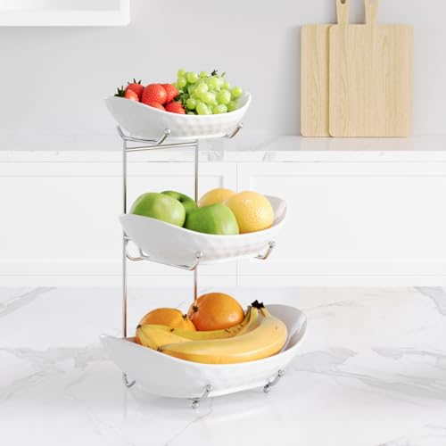 Fruit Bowl, 3 Tier Ceramic Fruit Basket, 3 Tier Serving Stand Serving Bowl with Metal Rack, Porcelain Kitchen Bowls for Fruit Vegetable Snack Nuts Dessert Cake Tray for Party Wedding - color: White