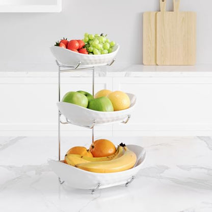Fruit Bowl, 3 Tier Ceramic Fruit Basket, 3 Tier Serving Stand Serving Bowl with Metal Rack, Porcelain Kitchen Bowls for Fruit Vegetable Snack Nuts Dessert Cake Tray for Party Wedding - color: White
