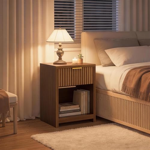 Fluted Nightstands Set of 2, Wooden Night Stand with Drawer Storage, Modern Mid Century End Table,for Bedroom Living Room Sofa Couch Home Office,Walnut