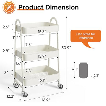 NEWBULIG 3-Tier Metal Rolling Cart with Lockable Wheels, Heavy Duty Mobile Utility Storage Shelf, Roller Book Snack Cart, Organization for Livingroom, Bathroom, Office, White | Mobile Organizer Shelf, Space-Saving, Freestanding, Bathroom, Living Room, Sli