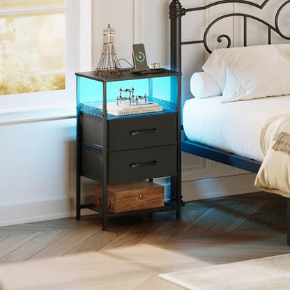 JARHETUN Nightstand Set of 2 with Charging Station, Night Stands with LED Lights, 26.4 Inch Tall Bedside Table with Metal Shelf, Side Table with 2 Fabirc Drawers for Bedroom, Black - color: Black, style: LED & Power