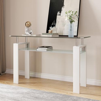 47" 2-Tier Console Table with Tempered Glass Top and MDF Frame, Modern White Rectangular Glass Entryway Table for Living Room, Apartment, Office, Easy to Assemble - color: White, size: Console Table