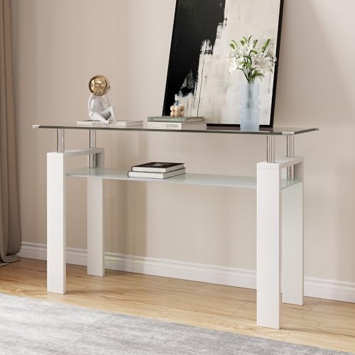 47" 2-Tier Console Table with Tempered Glass Top and MDF Frame, Modern White Rectangular Glass Entryway Table for Living Room, Apartment, Office, Easy to Assemble - color: White, size: Console Table
