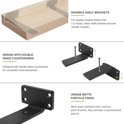 HITOMEN Heavy Duty Floating Shelf Brackets, 4-Inch (1/5'' Thick) Hidden Shelves Hardware, Iron L Brackets, Rustic Industrial Black Metal Wall Shelving Supports, 6 Pack - size: 4 Inch, style: 6 Pack