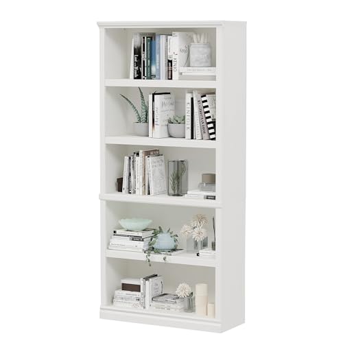 Bevfint 70-Inch Tall White Bookcase, 5 Tiers Shelves Open Storage Bookshelf, 33 in Wide Anti Tipping Indoor Furniture, Book Cases for Home Library Office Bedroom School - color: White Wood-like Surface, size: 5-Tier Open Bookcase