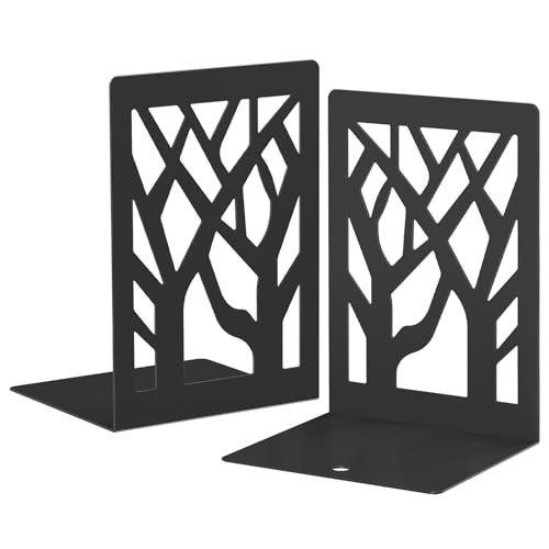VFINE 2-Piece Modern Metal Bookends for Shelves, Black Tree Book Ends for Books, Decorative Book Organizer for Desk, Non-Skid Shelve Bookends for Home Office - style: Black bookend 1 pair
