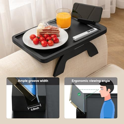 SINWANT Couch Arm Table, Bamboo Sofa Clip On Side Table Tray,Foldable Sofa Arm Tray with 360° Phone Holder for Eating Drinking Snacks Remote on Couch Armrest - color: Black
