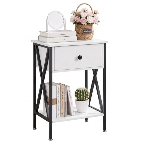 VECELO Nightstand,Modern Bedside End Table, Night Stand with Drawer and Storage Shelf for Living Room Bedroom, Industrial Metal Frame - color: Pure White, size: Set of 1