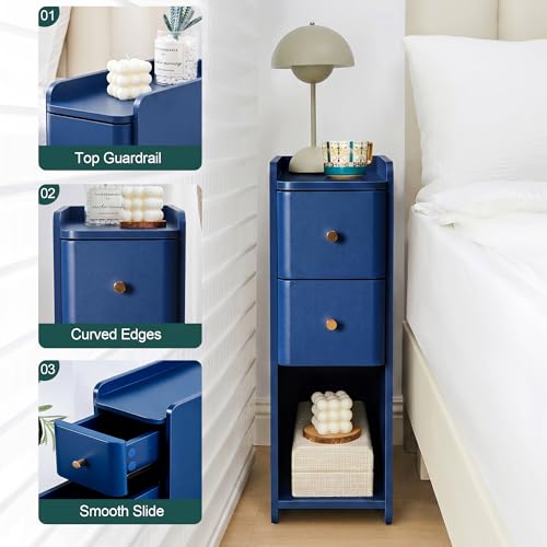 Blue Narrow Nightstand, Wooden Small 2 Drawer Nightstand, Slim Side End Table, Skinny Bedside Table, Mid Century Modern Night Stand with Drawers, for Living Room (Blue-1 pc) - color: Blue-1 Pc