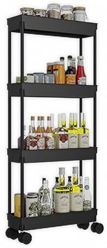 Sooyee 4 Tier Slim Storage Cart, Black | Rolling, Narrow Shelf, Mobile Shelving Unit Organizer, For Kitchen, Bathroom, Laundry Room - color: Black, size: Slim 4 Tier