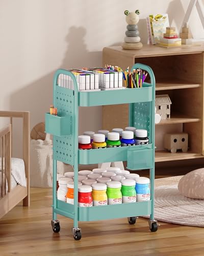 ALVOROG 3 Tier Rolling Cart with DIY Pegboards Metal Utility Cart with Wheels Handles Baskets Hooks, Craft Cart for Office Kitchen Bathroom(Tiffany Blue) - color: Tiffany Blue
