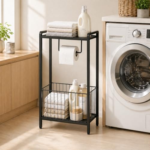 Bathroom Toilet Paper Holder Stand with Storage Basket and Top Shelf, Free-Standing Toilet Tissue Organizer for Small Bathrooms, Metal Toilet Paper Rack with Magazine Holder – Matte Black - color: Black