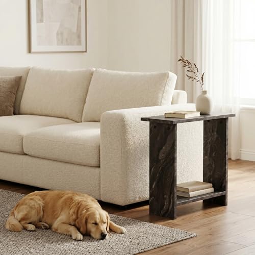 Narrow Side Table for Living Room, Slim End Table for Small Spaces Between Couch, Recliner or Armchair, 2 Tier Skinny Table with Open Shelf, Engineered Wood Sofa Beverage Thin Stand (Black Marble) - color: Black Marble