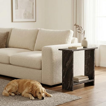 Narrow Side Table for Living Room, Slim End Table for Small Spaces Between Couch, Recliner or Armchair, 2 Tier Skinny Table with Open Shelf, Engineered Wood Sofa Beverage Thin Stand (Black Marble) - color: Black Marble
