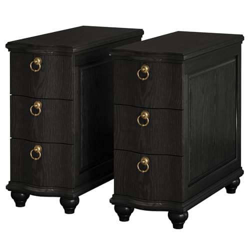 Tribesigns Wood Black End Table Set of 2, 3-Drawers Fully Assembled Narrow Slim Side Table, No Assembly Required, Nightstand for Bedside, Small Spaces, Living Room, Bedroom - color: Black