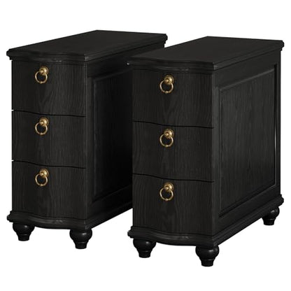 Tribesigns Wood Black End Table Set of 2, 3-Drawers Fully Assembled Narrow Slim Side Table, No Assembly Required, Nightstand for Bedside, Small Spaces, Living Room, Bedroom - color: Black