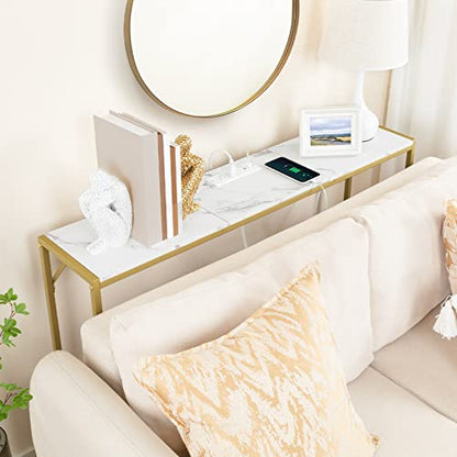 MAHANCRIS Console Table, Narrow Sofa Table, 43.7” Entrance Table with Power Station, Behind Couch Table, Simple Style, for Living Room, Hallway, Entryway, Foyer, Marble and Gold CTJM112E01 - color: Marble, Gold