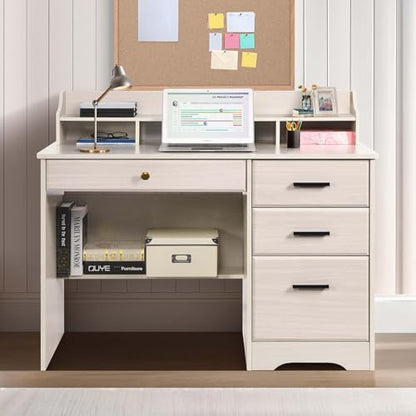 Catrimown Computer Desk with Drawers and Hutch, Farmhouse Home Office Desk, Wood Student Desk with File Drawer for Bedroom, Writing Table for Small Space, Warm White - color: Warm White