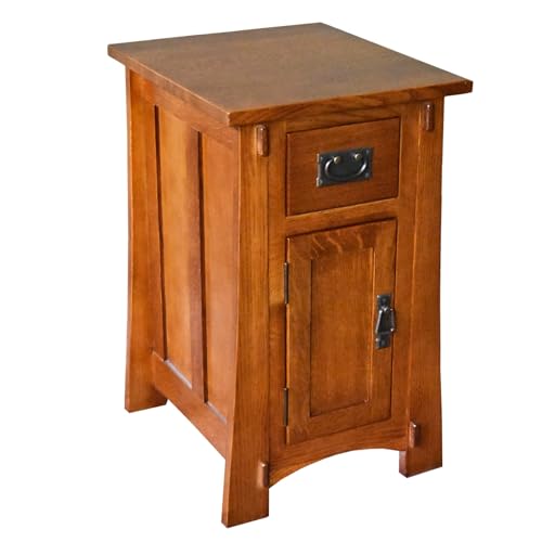 Pemberly Row Mission Style Narrow Nightstand, Solid Quarter Sawn Oak, Walnut Finish, Tapered Legs, 1 Cabinet Door, 1 Drawer with Metal Glides, Lower Shelf, Compact Side Table for Bedroom or Living - color: Walnut
