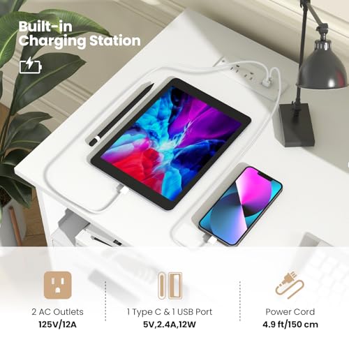 White Computer Desk with Charging Station, Home Office Desks with 3 Drawers & Open Storage Shelf, Modern Makeup Vanity for Bedroom, Wooden Study Writing Table Workstation