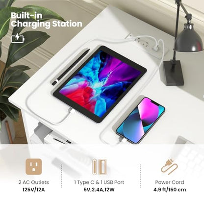 White Computer Desk with Charging Station, Home Office Desks with 3 Drawers & Open Storage Shelf, Modern Makeup Vanity for Bedroom, Wooden Study Writing Table Workstation