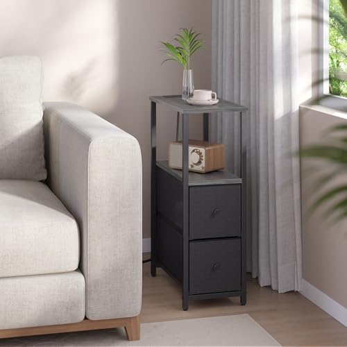 TUTOTAK Small Narrow End Table with Charging Station, Set of 2, Side Table with Outlets, Nightstand with 2 Cloth Drawers, Couch Table, for Living Room, Bedroom, Bedside, Charcoal Grey TB01BY055 - color: Charcoal Grey, style: 2 Drawers & Plug