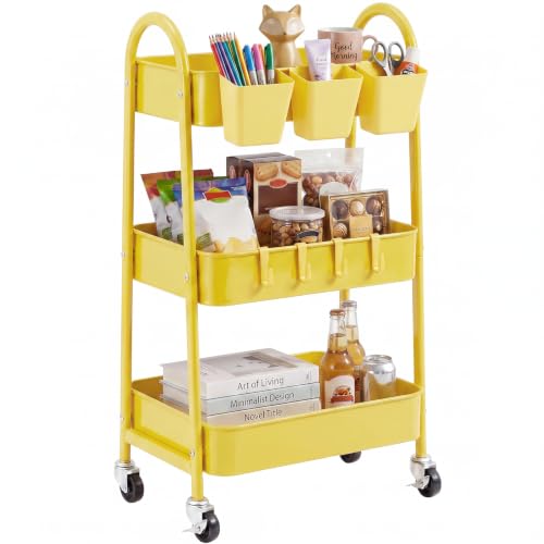 3-Tier Rolling Cart, Utility Cart Mobile Metal Rolling Storage Cart with Lockable Wheels & Hanging Cups & Hooks for Kitchen, Bathroom, Office, Workshop, Yellow - color: Yellow, size: 3 tier