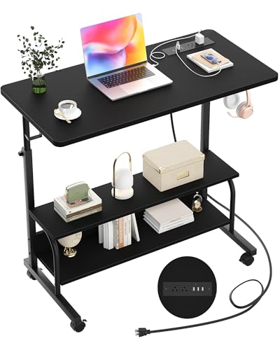 Armocity Rolling Standing Desk with Charging Station, Portable Height Adjustable Mobile Computer Desk with Wheels & 2-Tier Shelves & Hooks, Easy Assembly Laptop Table for Couch Bed, 32" Black - color: Black, size: 32''