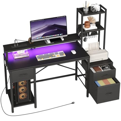 RALGEND 55" Gaming Desk with Power Outlet & LED Light, Computer Desk with Fabric Drawers, Storage Shelves & Monitor Stand, Industrial Gaming Table with Side Hook, Black