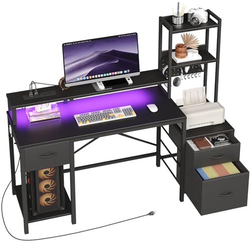 RALGEND 55" Gaming Desk with Power Outlet & LED Light, Computer Desk with Fabric Drawers, Storage Shelves & Monitor Stand, Industrial Gaming Table with Side Hook, Black