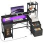 RALGEND 55" Gaming Desk with Power Outlet & LED Light, Computer Desk with Fabric Drawers, Storage Shelves & Monitor Stand, Industrial Gaming Table with Side Hook, Black
