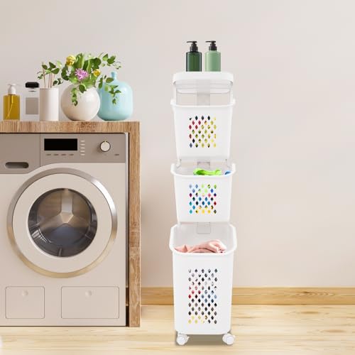 3 Tier Laundry Basket Holder, Utility Laundry Basket with Wheels Clothes Storage Organizer Cart Removable Rolling Laundry Hampers for Bathrooms Bedrooms Kitchen - size: 3-Tier