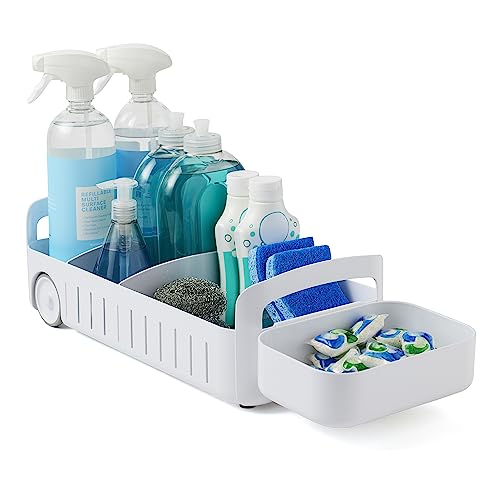 YouCopia RollOut Caddy Rolling Storage Bin with 2 Adjustable Dividers and Removable Basket for Kitchen and Bathroom Under Sink Organization, 8" Wide
