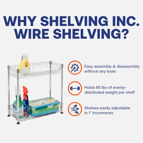 Shelving Inc. 8" d x 18" w x 18" h 2-Tier Chrome Wire Basket Rack, Everyday Shelving, Weight Capacity 65 lbs Per Shelf - size: 8" d x 18" w x 18" h