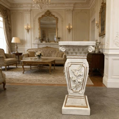 European Style Floral Carved Roman Column Pedestal - Resin Decorative Pillar Stand, Indoor / Outdoor Elegant Display Table for Garden, Courtyard, Statues & Home Ornaments(22.05" H x 9.06" W )