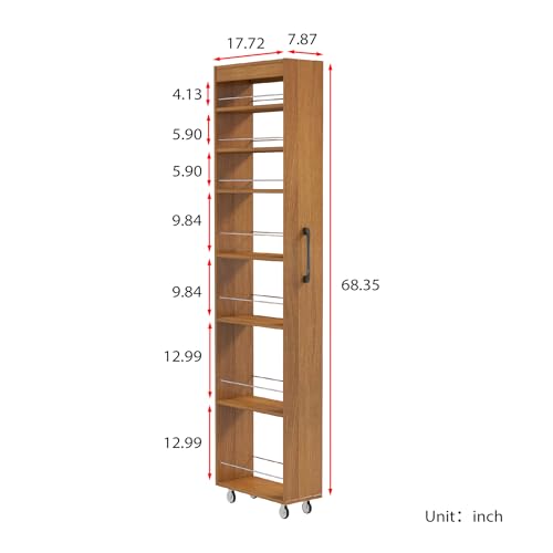 7 Tier Slim Rolling Storage Cart, 68.35" Tall Narrow Pull Out Pantry Organizer Shelves for Kitchen Laundry Bathroom, Space Saving Mobile Utility Cart with Wheels & Handle, Oak - color: Oak