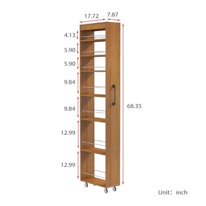 7 Tier Slim Rolling Storage Cart, 68.35" Tall Narrow Pull Out Pantry Organizer Shelves for Kitchen Laundry Bathroom, Space Saving Mobile Utility Cart with Wheels & Handle, Oak - color: Oak