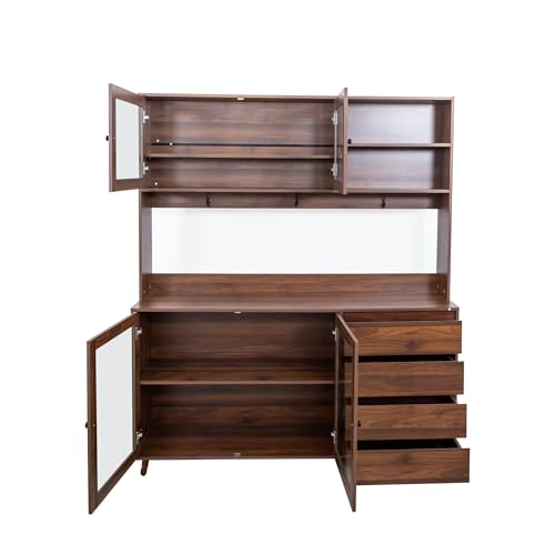 63" W Large Kitchen Hutch Cabinet, Freestanding Pantry Storage Cabinet with Hutch, 4 Doors 4 Drawers & Microwave Shelf, Buffet Sideboard Cupboard for Dining Room Kitchenette, Walnut - color: 05 Walnut