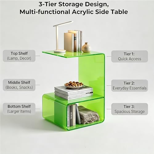 Acrylic End Table, 21.6" H C-Shaped End Table, Side Table for Living Room, Bedside Table for Bedroom, Acrylic Clear C Side Table (Green) - color: Green