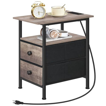 HOOBRO End Table with Charging Station, Narrow Side Table, Nightstand with 2 Non-Woven Drawers, Slim Sofa Side Table, for Small Spaces, Living Room, Bedroom, Greige and Black BG486UBZ01 - color: Greige + Black, size: 11.8"L x 18.9"W x 23.6"H