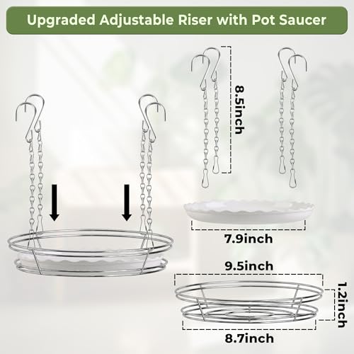 2 Sets Adjustable Planter Inserts for Large Pots, Silver‌ Minimalist Planter Insert with 4 Chain Hooks, Plant Riser Fits 12-18" Tall Planters Pot & Free 8 inch Plant Saucer Drip Trays