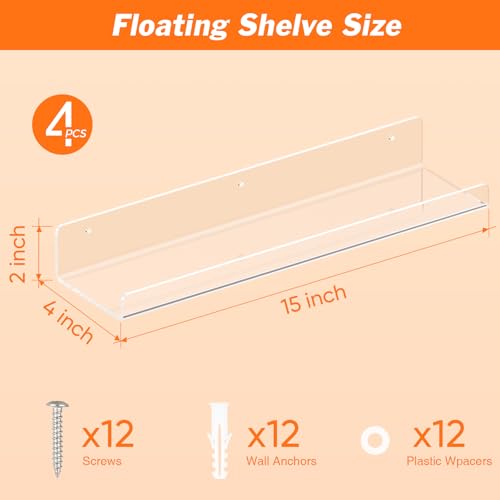 Dooiclear 4 Pack Floating Shelves for Wall, 15" Clear Floating Wall Shelf | Acrylic Book Shelf, Display Shelves Organizer for Bathroom, Classroom, Bedroom, Living Room, Kitchen, Room Decor - size: 4 Pack